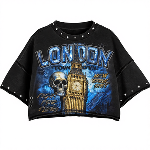 사용자 정의 레트로 산성 세척 라인 석 스트리트 스타일 T-Shirt100 % 면 인쇄 남자의 T-셔츠 느슨한 Fitdrop 숄더 - Product Image 3