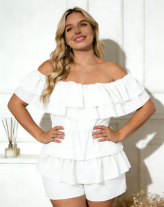 Combinaison à volants à épaules dénudées blanche grande taille - Combinaison décontractée d'été pour femmes Shorts à séchage rapide en tricot Coupe régulière - Product Image 6