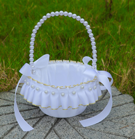 Keranjang Pengiring Pengantin Satin Modern dengan Pegangan Mutiara Ivory, Pita, Lapisan Spons Lembut, Membuat Struktur Berbentuk Mengembang, Dekorasi Pesta Pernikahan dan Rumah