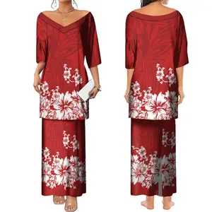 Wholesale Custom Puletasi Samoa Ptaha Set Hibiscus Flower Polynesian Tribal Design Long Maxi Two Piece Skirt Set Dresses