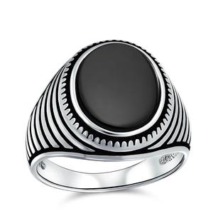 Bague pour homme en argent sterling 925, style rétro rayé, avec pierre précieuse ovale en onyx rouge/noir, bijoux punk turcs thaïlandais personnalisés - Product Image 1