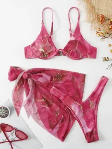 Women 3 Pieces <strong>Swimsuit</strong> Tie-dye Print Halter Backless Micro Bikini Set+Mesh Skirt Cover-Up Swimwear Undewire Padded Bathing Suit - Product Image 6