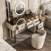 Ensemble coiffeuse moderne en bois massif 2026 avec miroir sur pied LED haute définition extensible, idéal pour appartement et chambre à coucher