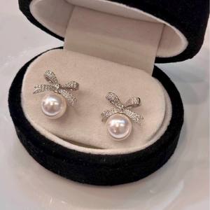 S925 Sterling Silver Bow Zircon <b>Pearl</b> <b>Earrings</b> Niche French Luxury Design Retro Elegant for Women - Product Image 3