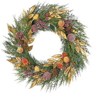 Guirlande de Noël artificielle scintillante avec baies rouges, feuilles dorées et aiguilles de pin pour porte d'entrée - Product Image 1