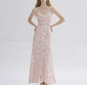 Robe longue à fines bretelles en tissu tissé, imprimé numérique floral, respirante, écologique, rose, petite tenue de vacances - Product Image 6