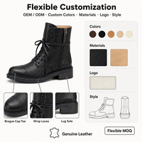 Bottes de combat en cuir véritable pour femmes, avec détails brogues, lacets, fermeture éclair latérale, talon bloc, style rétro, mi-mollet, chaussures automne/hiver