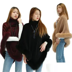 Hot Sell Wool Blended Knit Turtle Neck Cape Poncho Coat With Fur Trim