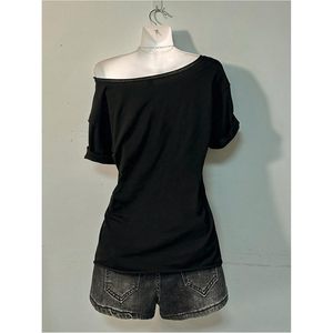 FOXA Women's Off Shoulder <b>Gothic</b> Graphic Tee Short Sleeve Asymmetrical Oversized Y2K T <b>Shirt</b> - Product Image 3