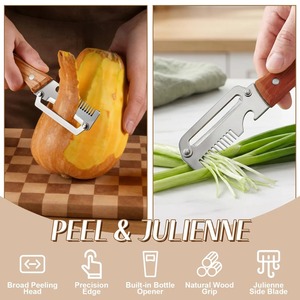 Éplucheur de légumes 3-en-1 en acier inoxydable avec manche en bois, éplucheur de fruits et de pommes de terre avec ouvre-bouteille, outils de cuisine pour éplucher et cuisiner - Product Image 2