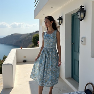 Versátil e inteligente vestido veraniego de algodón transpirable de línea A Midi azul para damas con estampado para ropa informal - Product Image 2