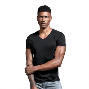Camiseta de algodón con cuello en V para hombre, corte ajustado, informal, de color liso, manga corta, transpirable. - Product Image 1