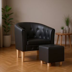 <b>Black</b> Faux Leather <b>Tub</b> <b>Chair</b> With Tufted Back And Ottoman Contemporary Living Room Furniture - Product Image 2