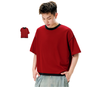 Été 2026 T-shirt Homme Haute Qualité Uni Manches Courtes Coupe Boxy Décontracté Réversible avec Revers Roulés Respirant Anti-rétrécissement - Product Image 1