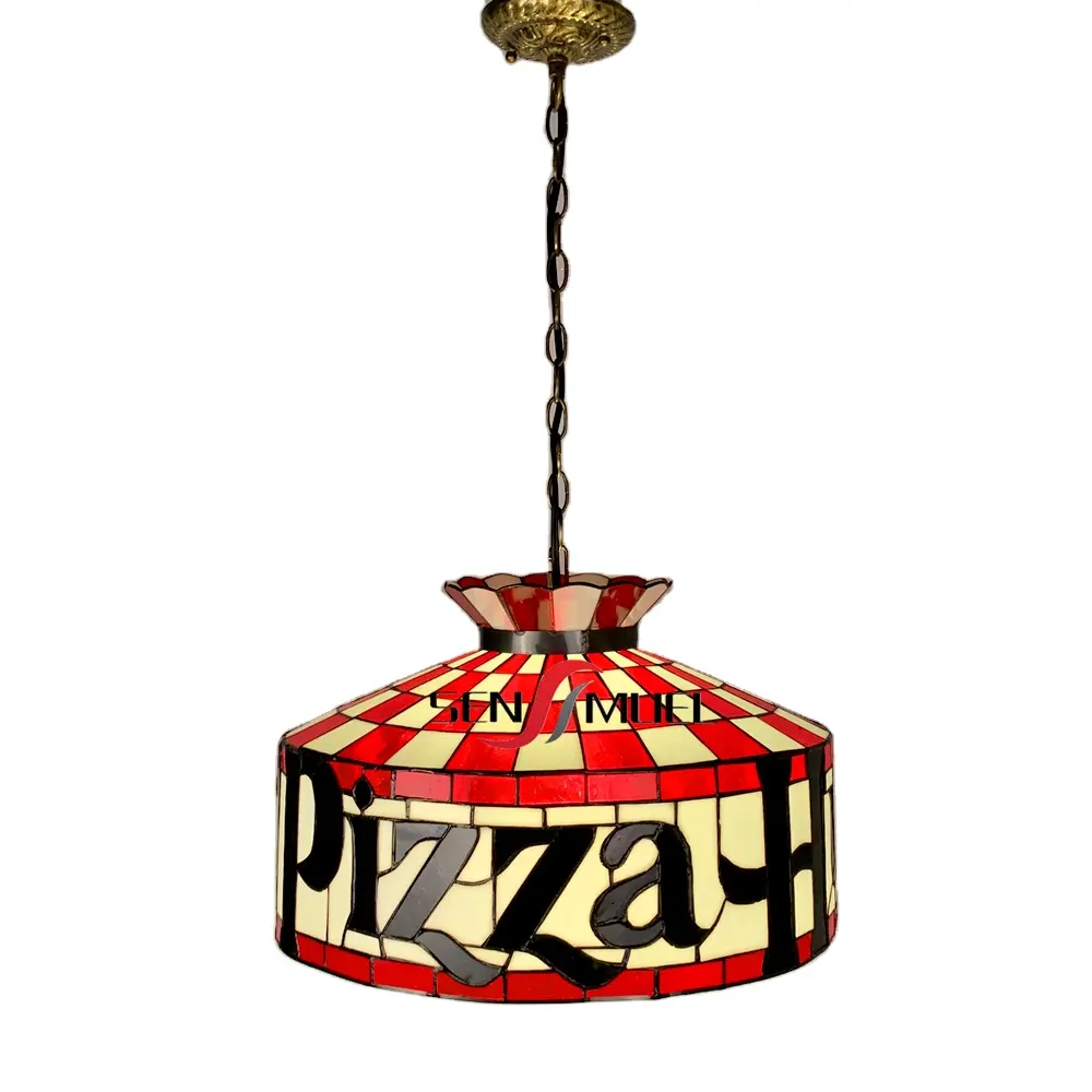 Lámpara colgante de estilo Tiffany para decoración artística, lámpara de araña de hierro soldado a mano con vitral de Pizza y cabaña