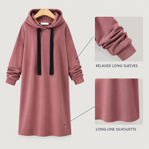 <b>Women's</b> Rose Mauve <b>Longline</b> <b>Hoodie</b> Dress Drop Shoulder Pullover with Black Drawcords - Product Image 4