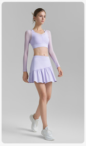 Aoyema pakaian olahraga wanita atasan Crop lengan panjang Golf seksi baru dengan Bra bangunan pakaian harian luar ruangan set rok tenis 2 potong - Product Image 3