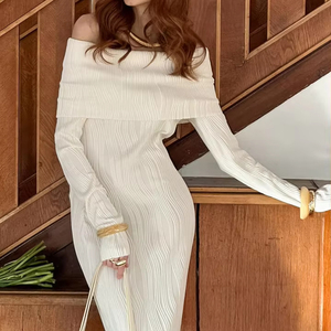 Robe longue moulante élégante blanche pour femme, col plissé épaules dénudées, tricot côtelé, manches longues, robe de soirée romantique - Product Image 6