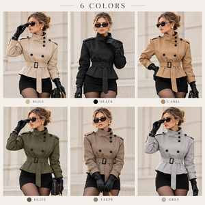 Gabardina corta personalizada para mujer, con cuello alto, doble botonadura, cinturón en la cintura, manga larga, estilo casual. - Product Image 3