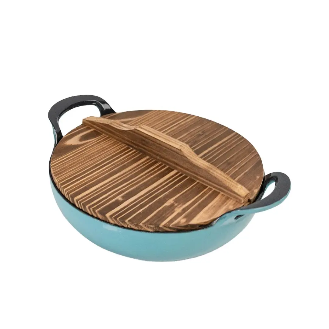enameled Cast Iron soup pot Casserole Balti Dish with wide loop handles and wooden lid for cooking