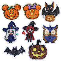 Patch brodé personnalisé à sequins pour Halloween, thermocollant, motifs citrouille, chauve-souris, sorcière, hibou, pour vestes, sweats à capuche, chapeaux, sacs, vêtements, OEM ODM