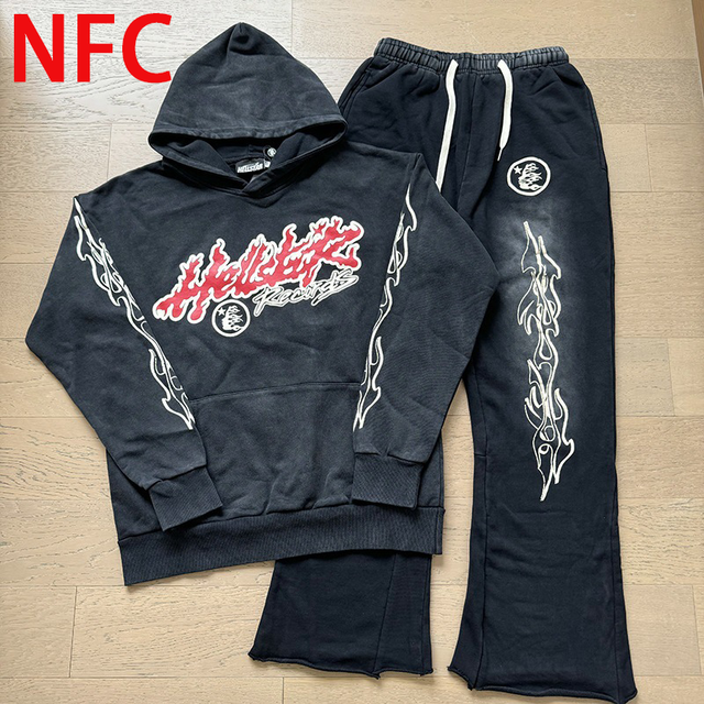 Wholesale NFC Stock Mens Hell Star Washed Vintage Loose Hoodie Sweatpants Set Men's Sets