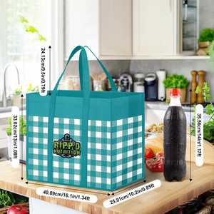 Sacs de courses réutilisables avec logo personnalisé, sac de courses pliable en tissu non tissé à carreaux, sac réutilisable avec longues poignées - Product Image 6