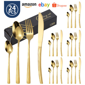 Stainless Steel Cutlery Set 24 Pcs Gold Plated Knife <b>Fork</b> Spoon Western Style Gift Box Dinnerware Set - Product Image 1