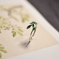 Bague ouverte en cuivre cloisonné feuille verte pour femme, style antique, rétro, littéraire et artistique