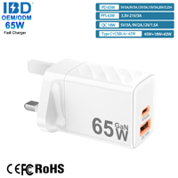 IBD venta al por mayor personalizado PD 65W Gan cargador rápido EE. UU. UE Reino Unido AU India enchufe tipo C USB carga rápida teléfono portátil cargador de pared adaptadores