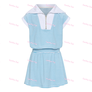 Conjunto de 2 Piezas de Ropa para Niñas, Top Polo con Cierre de Cremallera y Falda a Rayas Azules y Blancas de Tela de Rizo - Product Image 4