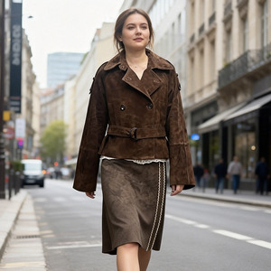 Veste Jancoco sur mesure à double boutonnage avec ceinture pour <span class=keywords><strong>femme</strong></span>, col large, épaulettes, en daim, pour l'automne et l'hiver - Product Image 1