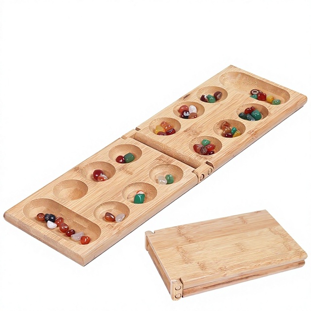 Bamboo Folding Mancala Board Game With Colorful Agate Stones Classic Strategy Tabletop Play Set for Family Party Entertainment