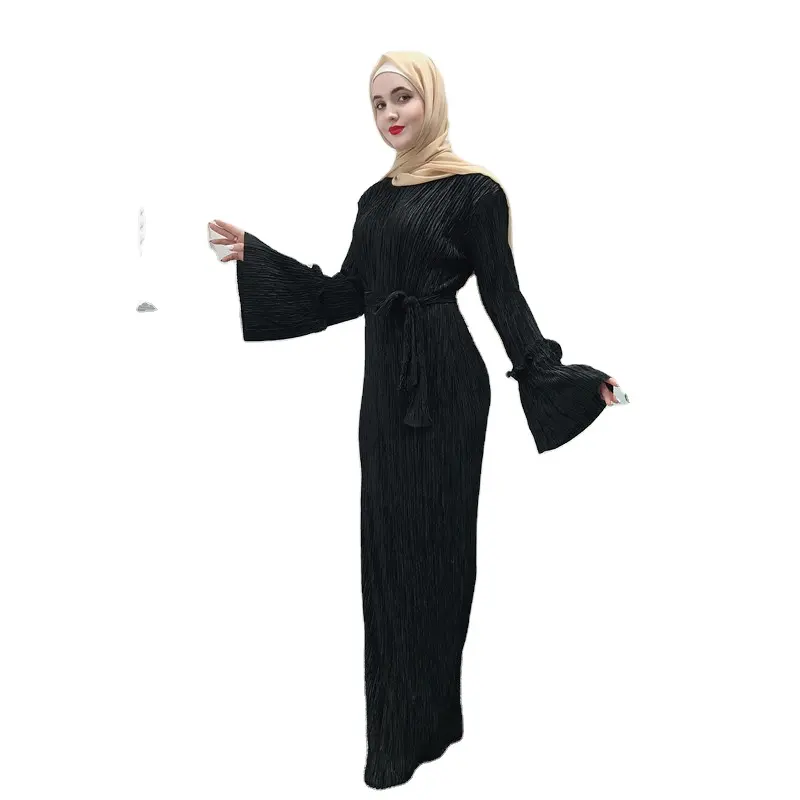 Hoogwaardige Geplooide Maxi-Jurk Met Lange Mouwen, Islamitische Dameskleding-Casual Abaya Voor Volwassenen Moslimkleding