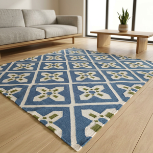 Modern Geometric Area Rug Blue White Green Flat Weave Rectangle Non-Slip Living Room Wool Acrylic - Product Image 1