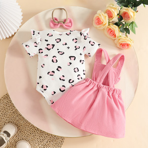 2026 Summer Baby Girls <strong>Fashion</strong> Leopard <strong>Print</strong> Short Sleeve Triangle Jacket + Corduroy Fabric Bear Strap <strong>Skirt</strong> + Hair Strap - Product Image 4