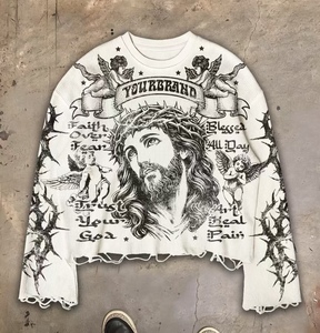 Camiseta Vintage de Manga Larga con Tejido Waffle para Hombre, Diseño Gráfico de Jesús y Querubín, Estilo Desgastado, Térmica, Y2K <span class=keywords><strong>Grunge</strong></span> - Product Image 1