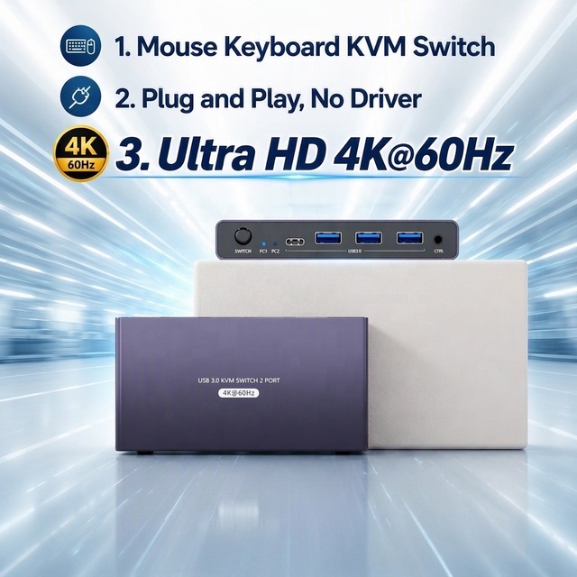 Plug and Play for 2 Computers, HDMI KVM Switch 2-Port Shares 1 Monitor & Keyboard/Mouse with Wired Extend Controller, 4K 60Hz