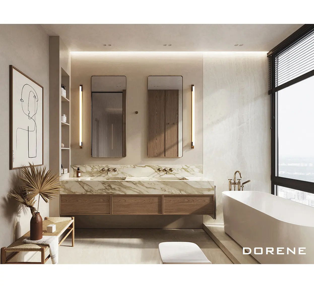 2023 Dorene البلوط الخشب الحائط مغاسل يد مزدوجة مرآة مجموعة فندق المنزل الحمام الأثاث الحديثة خزانات الحمام و بالباطل