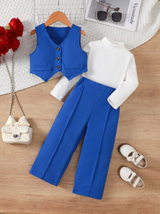 Nuovo Completo Tre Pezzi Elegante Primaverile e Autunnale per Ragazze, Stile Britannico, con Gilet, Pantaloni e Camicia Base - Product Image 5