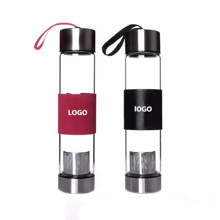 Bottiglia di acqua in vetro borosilicato da 450 ml di vendita intera in fabbrica con filtro logo personalizzato stampa bottiglia di vetro a doppia parete