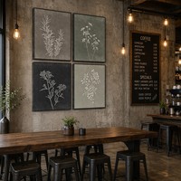Lot de 4 tableaux encadrés d'art botanique sur toile, cadre noir, dessin de plantes blanches, décoration murale minimaliste pour hôtel, bureau, maison
