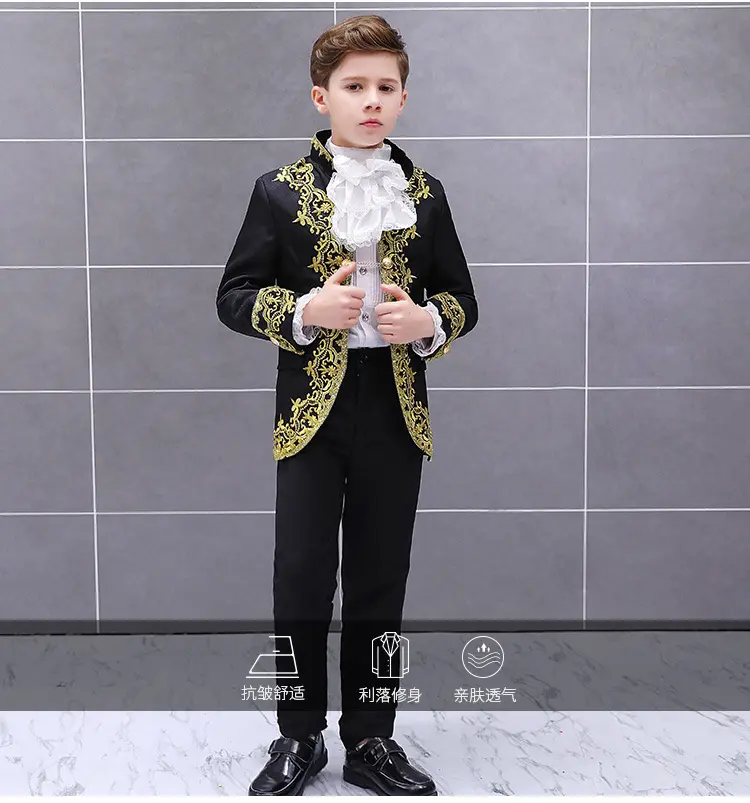 BB004 Boys European Style Court Drama Costume Children Golden Flower Stage Prince Charming Performance Clothing Set Kids Blazer