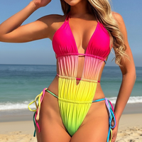 Maillot de bain monokini pour festival, fête rave et Jouvert, à dégradé néon, avec découpes et liens ajustables sur les côtés, vêtement de plage, logo personnalisé OEM, vente en gros
