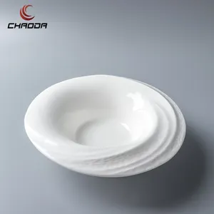 Luxury Style Art Design Ceramics White Dinner Bowl With Emboss Pattern Porcelain Creative Dinner Dish For Restaurant