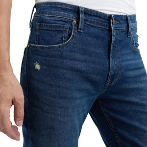 High Street Embroidered Ripped <b>Jeans</b> Men <b>Elastic</b> Slim Leg Distressed Streetwear Washed Denim Wholesale OEM Bulk Custom - Product Image 3