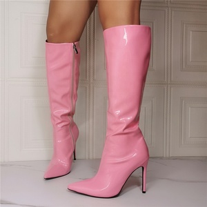 Pointy Toe Cute Women Boots Calf High Patent Leather High-heeled <b>Shoes</b> Long Knee Wide Leg Feet Size 14 - Product Image 2