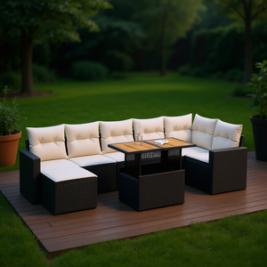 Conjunto de Sofá de Jardín Negro y Crema con Estructura de Ratán, Cojines de Espuma de Alta Densidad, Muebles de Exterior de Diseño Contemporáneo - Product Image 2