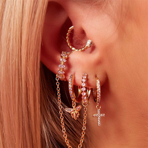 Aros de Cristal Conectados a una Cadena de Oro, Pendientes a Juego, Plata de Ley S925, Chapados en Oro - Product Image 5