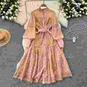 Vestido Maxi Casual de Invierno 2024 para Mujer, Estilo Vintage, Manga Farol, Bordado, Encaje Tejido, Ecológico, Blanco y Negro - Product Image 2